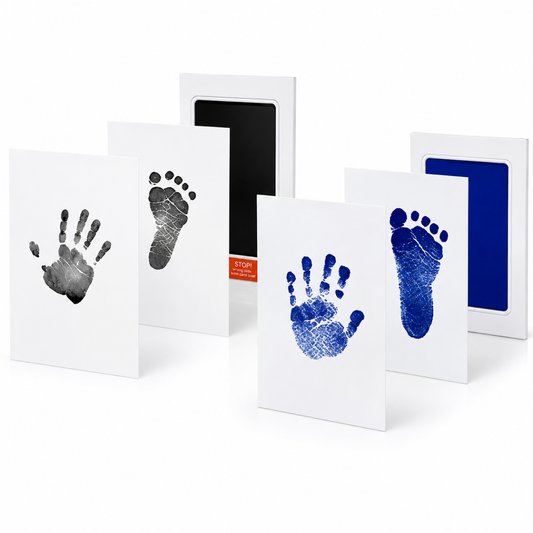 Schwarze und marineblaue tintenfreie Hand- und Fußabdruck-Erinnerungskarten mit Stempelkissen