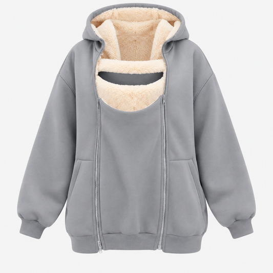 Winter-Umstands-Babytrage-Hoodie in Grau, Studio-Produktfoto, Vorderansicht