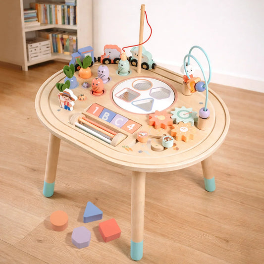 Hölzerner Montessori-Aktivitätstisch für Kleinkinder mit Perlenlabyrinth, Zahnrädern und Formensortierer