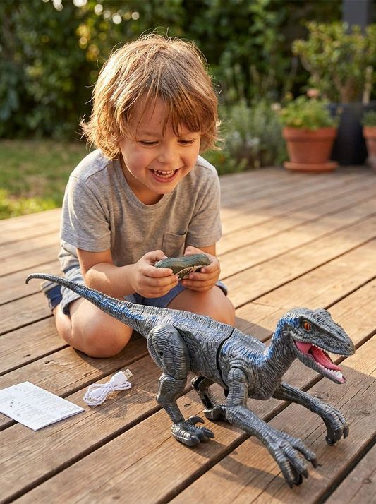 Glückliches Kind spielt mit fernsteuerbarem Dinosaurier-Spielzeug auf Holzboden